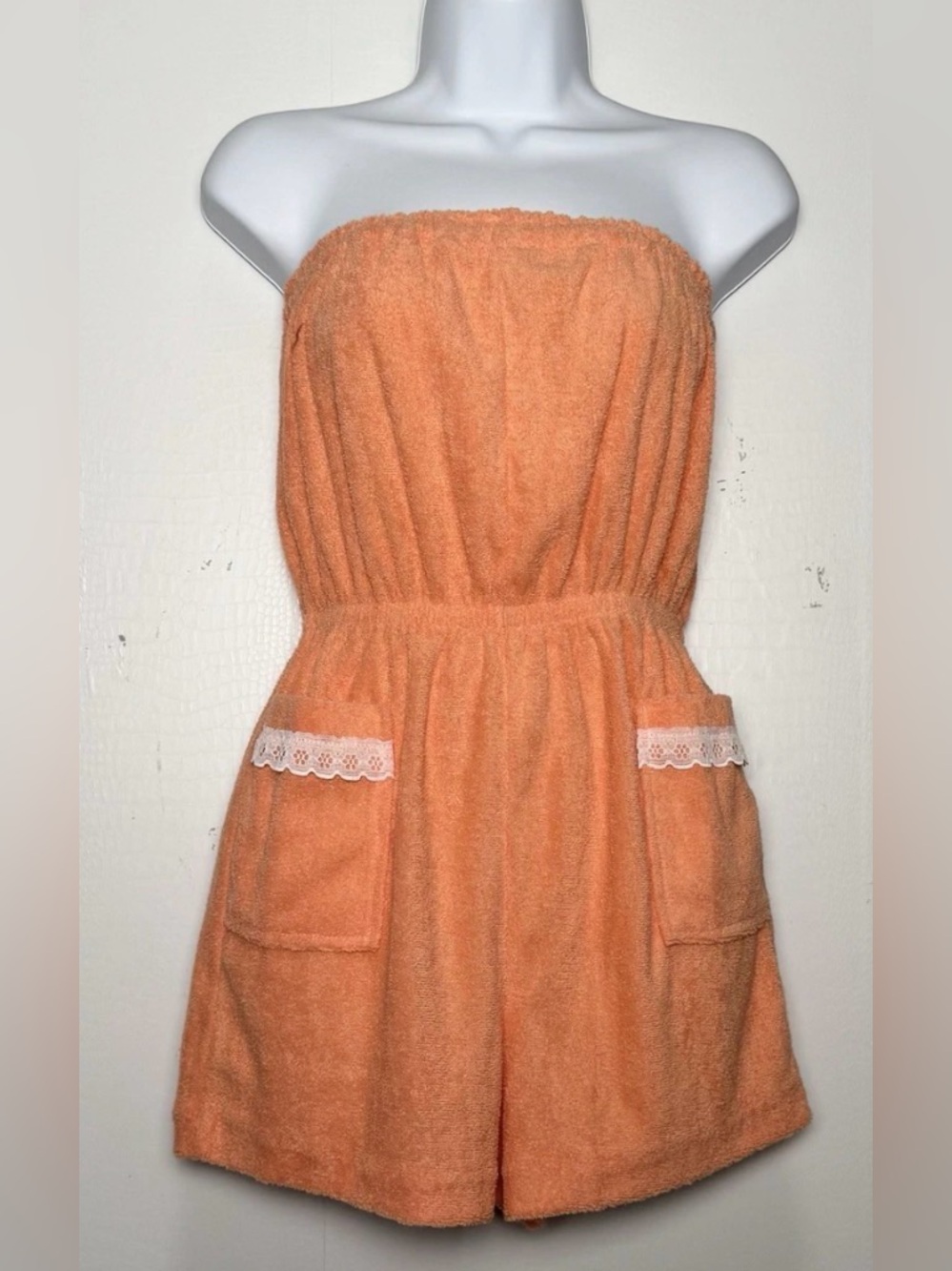 Vintage 70s Terry Cloth Romper S Orange Strapless Swim Cover Up Retro Lounge